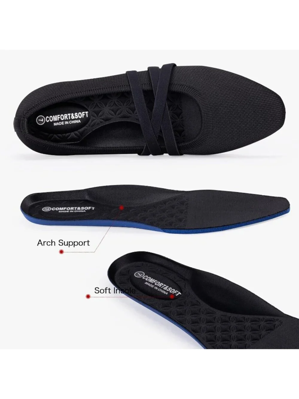 Women's Black Knit Square Toe Ballet Flats Mary Jane Slip On Causal Shoes